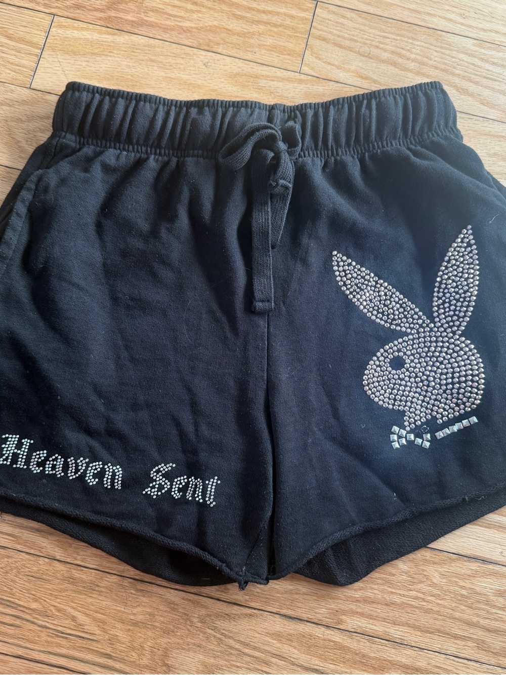 Dolls Kill Black Rhinestone Bunny Logo Athletic Shorts